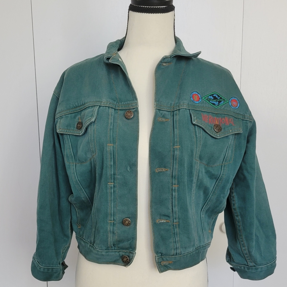 International GREEN Denim Jean Crop Jacket Embroidered Accents Size Large